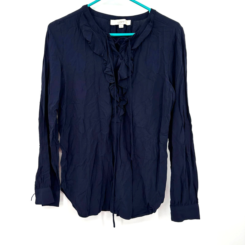 Loft size small long sleeve blouse dark blue‎ ruffle and lace up neckline